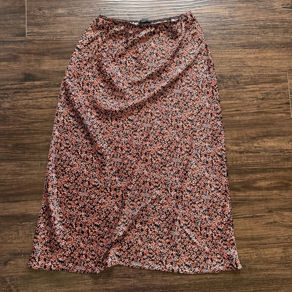 1.STATE Floral Midi Skirt XS Black Pink Ditsy Print Satin Slip Style Pull On